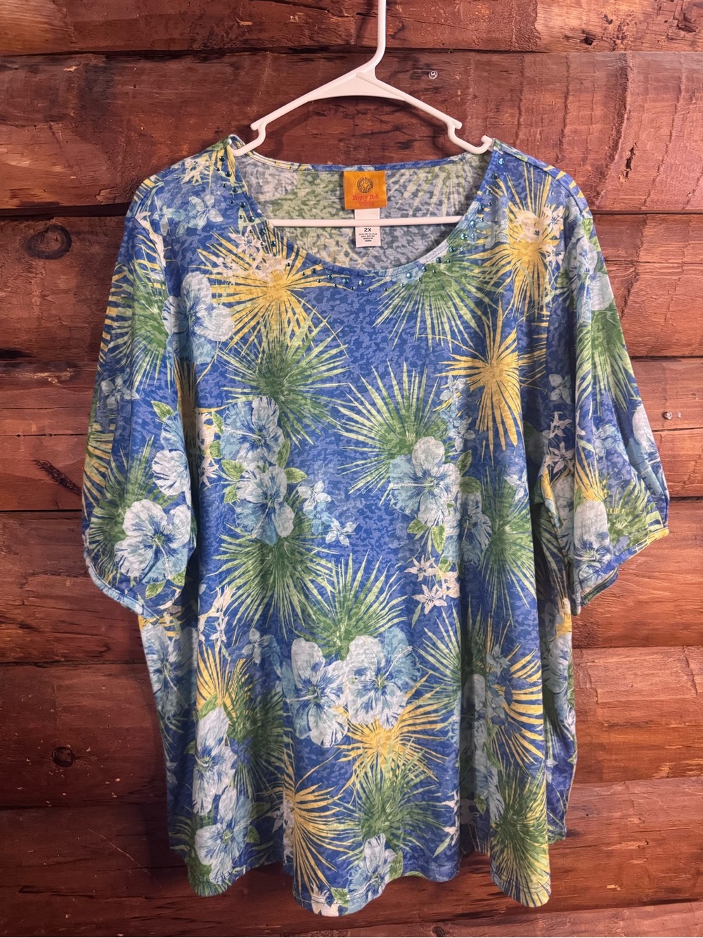 Ruby Rd. Blue Tropical Floral Scoop Neck Top